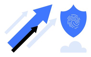 İlerlemeyi gösteren oklar ve üzerinde parmak izi olan bir kalkanın yanındaki yukarı doğru giden yörünge. Siber güvenlik, veri koruması, yenilik, büyüme, teknoloji, mahremiyet ve güven için idealdir. Modern