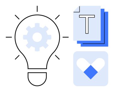 Vites sembollü ampul, mavi metin düzenleme kağıtları ve işbirliği logosu. Yenilik için ideal, takım çalışması, dijital çözümler, yaratıcılık, üretkenlik, eğitim için basit iniş sayfası