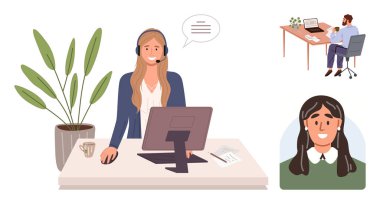 Masasında kulaklığı olan kadın bir profesyonel konuşma baloncuğu, konuşmayı gösteren uzaktan kumandalı bir çalışan, bir müşterinin portresi. İletişim için ideal, uzak çalışma, müşteri desteği