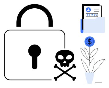 Kilitli asma kilit, çapraz kemikli kafatası, gizli klasör, finansal ikon ve bitki. Siber güvenlik, veri koruması, kimlik hırsızlığı, kötü amaçlı yazılım önleme finansal güvenlik gizliliği için ideal