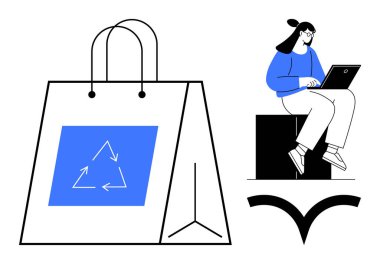 Bilgisayarda çalışan bir kadının yanında geri dönüşüm ikonu olan kağıt alışveriş torbası. Sürdürülebilirlik, çevrimiçi alışveriş, eko-paketleme, dijital kültür, geri dönüşüm, e-ticaret, minimalizm, basit daire