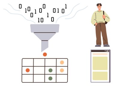 İkili veri bir huniden geçer ve kategorize ızgara elementlerine dönüşür. Ayakta duran bir insan ve mobil arayüz kullanıcı merkezli temaları vurgular. Makine öğrenimi için ideal, Al, büyük veri