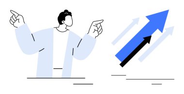 Oklara doğru hareket eden adam büyümeyi, yönü ve ilerlemeyi sembolize ediyor. İş, strateji, liderlik, başarı, motivasyon ve yatırım için ideal. Basit düz metafor