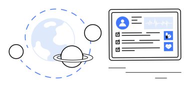Yörünge çizgileri ve gök cisimleri olan gezegen kullanıcı verilerini gösteren dijital bir sağlık arayüzünün yanında. Sağlık, teknoloji, yenilik, küresel bağlantı, bilim, veri yönetimi için ideal