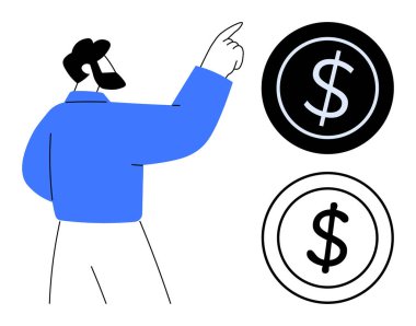 İki dolarlık paraları işaret eden bir adam, bir siyah ve bir beyaz, mali kararları ve zenginliği sembolize ediyor. Finans, yatırım, tasarruf, ekonomi, bütçe ve kar için ideal düz metafor