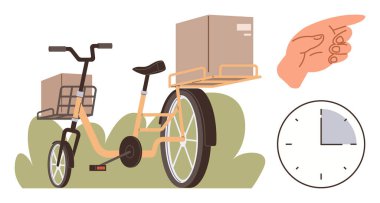 Kargo bisikleti kutuları taşıyor, el işaretleri, saati vurguluyor. Teslimat, lojistik, e-ticaret, şehir ulaşımı, zaman yönetimi, kurye hizmetleri için ideal basit düz metafor