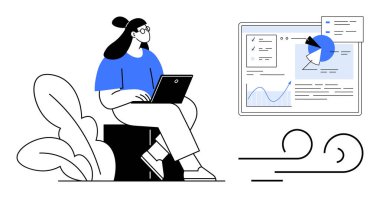 Dizüstü bilgisayarda çalışan bir kadın, grafik ve grafiklerle veri analizini ekranda gösteriyor. Analiz, teknoloji, uzaktan çalışma, üretkenlik, modern tasarım, eğitim, basit iniş sayfası için ideal