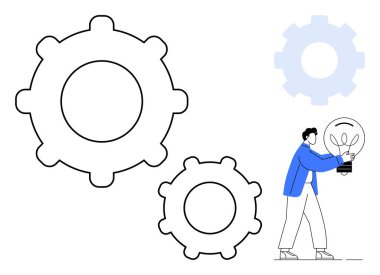 Geniş teçhizatlı parlak bir ampul taşıyan kişi yaratıcılığı, takım çalışmasını ve yeniliği sembolize eder. Temalar için ideal gelişme, üretkenlik, planlama, strateji, büyüme, iyileştirme