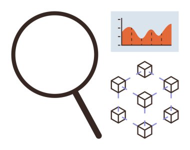 Engelleme zinciri ve veri sistemlerini temsil eden büyüteç, veri tablosu ve birbirine bağlı bloklar. Engelleme zinciri, analiz, araştırma, veri işleme, teknoloji, yenilik için ideal basit
