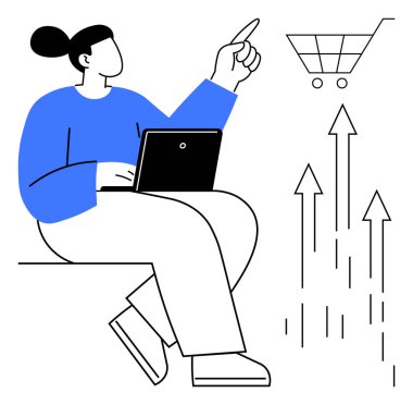 Oklar büyümeyi gösterirken, dizüstü bilgisayarda çalışan ve el kol hareketi yapan biri. E-ticaret, çevrimiçi alışveriş, iş büyümesi, analitik, teknoloji, girişimcilik için ideal, basit düz metafor