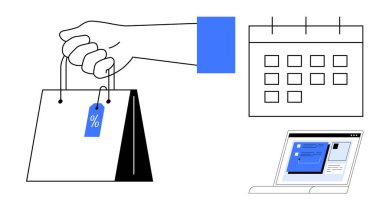 Satılık yüzde etiketli el çantası, takvim ve açık laptop ekranı. E-ticaret, indirim, programlama, etkinlik planlama, online alışveriş dijital promosyonu için ideal. Basit.