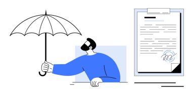 Şemsiye korumalı, sözleşmeli, koruma, sigorta ve güvenilirliği temsil eden bir adam. İş için ideal, güvenlik, mali koruma, sözleşmeler, güven güvenliği için basit daire