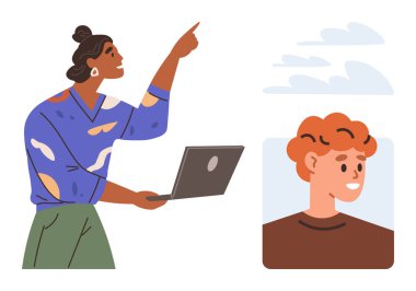 Dizüstü bilgisayarı olan bir kadın, ekranda gülümseyen kızıl saçlı birini işaret ediyor. Çevrimiçi toplantı, takım çalışması, uzaktan çalışma, işbirliği, dijital iletişim, sanal etkileşim için ideal