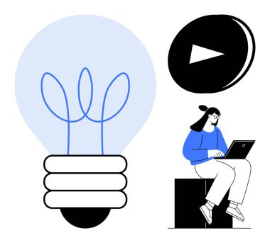 Otururken dizüstü bilgisayarda yazan bir kadın, ekolojik fikirler için yaprak lifli büyük bir ampul, ve düğme simgesini çal. Yaratıcılık, yenilik, eko-tasarım, öğrenme, teknoloji, girişimler için ideal