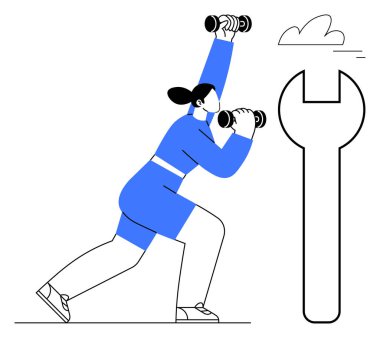Dambıllarla egzersiz yapan, güç ve gelişimi vurgulayan bir kadın. Büyük anahtar araçları ve çözümleri sembolize eder. Fitness, kendini geliştirme, araçlar, büyüme, strateji, sadelik için ideal