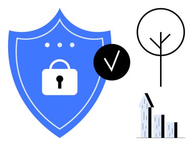 Kilitli mavi kalkan, siyah işaret, minimalist ağaç ve büyüme tablosu. Güvenlik, gizlilik, sürdürülebilirlik, veri koruması, eko-farkındalık iş büyümesi için ideal basit iniş sayfası