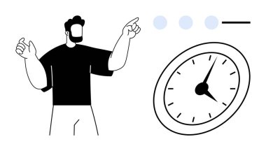 Adam ilerleme göstergelerine doğru hareket ediyor, saati vurguluyor. Üretkenlik, zaman izleme, görev yönetimi, hedef belirleme, proje planlama, verimlilik zamanlaması için idealdir. Minimalist düz metafor
