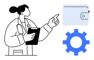 Steteskop ve pano kullanan doktor cüzdan ve teçhizatta jest yapıyor, sağlık hizmetleri yönetimi, bütçe ve sistem verimliliğini gösteriyor. Tıp, finans, teknoloji, yenilik, takım çalışması için ideal