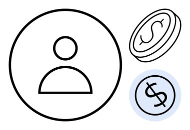 Finansal kavramları gösteren iki dolarlık madeni paraların yanında dairesel kullanıcı profili simgesi. İş, bankacılık, e-ticaret, ödemeler, tasarruflar, finans, kişisel hesaplar için ideal. Basit düz metafor