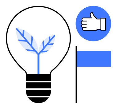 İçinde yenilik ve yeşil enerjiyi sembolize eden bir bitki bulunan ampul başparmak işareti ve mavi bayrağın yanında. Sürdürülebilirlik, eko-farkındalık, yenilik, ilerleme, başarı, motivasyon için ideal
