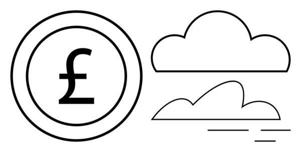 Pound sign in circular shape, clouds, and wind lines. Ideal for economy, weather decisions, sustainability, forecasting, financial planning environmental impact global trade. Simple flat metaphor