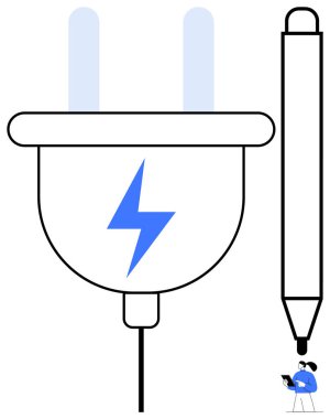 Yıldırım grafikli elektrik prizi, büyük kalem ve dizüstü bilgisayarı olan insan. Yenilik, enerji, teknoloji, yaratıcılık, eğitim, sürdürülebilirlik için ideal basit iniş sayfası