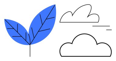 Kalın damarlı mavi yaprak, çizgili bulutlar, ve basit çizgiler doğayı, büyümeyi ve temiz enerjiyi çağrıştırıyor. Ekoloji, sürdürülebilirlik, çevre, enerji sadeliği için ideal basit iniş sayfası