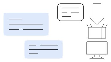 Metin satırları, kutuya giren oklar ve bir monitör veri transferini ve içerik göçünü temsil ediyor. Bulut bilgisayarı, dosya paylaşımı, veri örgütü, iş otomasyonu, dijital için ideal