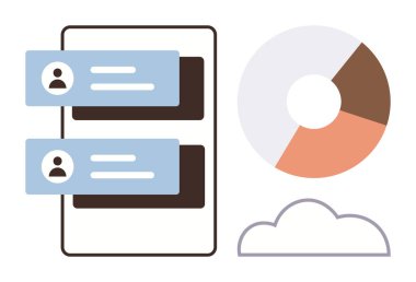 Gezici bir arayüz üzerinde sohbet baloncukları, pasta grafiği ve bulut simgesi iletişim, analitik ve bulut depolama sinyali veriyor. Teknoloji, takım çalışması, istatistik, araştırma online araçları uygulamaları için ideal