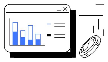 Çubuk grafik arayüzü, düşen bozuk para ile finansal verileri, ölçümleri ve analizleri takip ediyor. Finans, yatırım, ekonomi, veri görselleştirme, büyüme, para yönetimi için ideal basit düz metafor