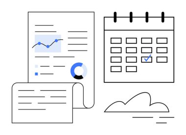 Grafikler ve pasta grafiği, işaretli tarih ve bulut sembolü olan takvim raporları. Planlama, programlama, analitik, veri yönetimi, zaman yönetimi verimlilik iş stratejisi için idealdir. En düşük düz