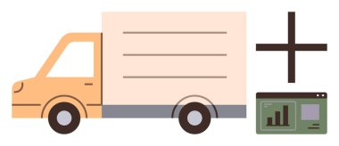 Veri analizi paneli ve lojistik, analitik ve büyümeyi sembolize eden büyük artı işareti yanında teslimat kamyonu. Lojistik, ulaşım, optimizasyon, verimlilik, teknoloji, veri için ideal