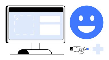 Masaüstü monitörü UI düzeni gösteriyor, pozitif geri bildirim için mutlu yüz simgesi, robot el etkileşimi. UX tasarımı, geri besleme, teknoloji, insan-bilgisayar etkileşimi, yenilik, yapay zeka kavramları için ideal