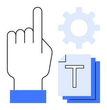 Bir vites simgesinin yanında yukarı doğru uzanan el ve dizilmiş metin belgeleri. Kavramları için ideal navigasyon, dosya ayarları, özelleştirme, arayüz tasarımı, kullanıcı deneyimi ve basit iniş sayfaları