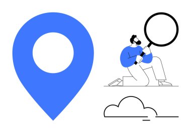 Mavi konum işareti ve elinde büyüteç olan adam bir bulutun yanında diz çöküyor. Navigasyon, arama, araştırma, keşif, keşif, analiz ya da takip için ideal. Basit düz metafor