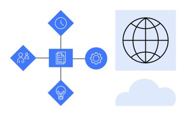 Geometrik semboller takım çalışması, verimlilik, yenilik ve bir küre ve bulut yanında işleme bağlıdır. Küresel ağ, işbirliği, planlama, yenilik, dijital dönüşüm için ideal