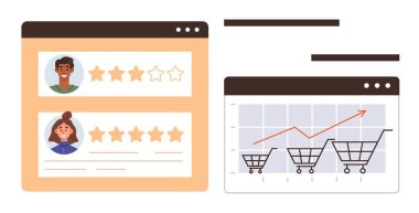 Müşteri profillerinin yanında yıldız reytingleri ve yükselen eğilimle birlikte alışveriş arabalarının büyümesini gösteren grafikler. E-ticaret, müşteri geribildirimi, çevrimiçi alışveriş, analitik, kullanıcı deneyimi, tatmin
