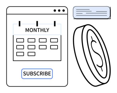 Aylık olarak etiketlenmiş takvim, abonelik düğmesi, ödemeyi temsil eden bozuk para ve konuşma balonu. Üyelik hizmeti, bütçe planlaması, fintech, e-ticaret, SaaS üyeliği ve para aktarımı için ideal