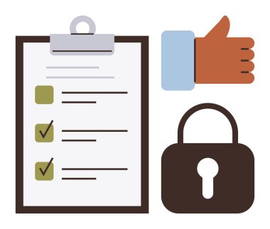 İşaretli görevleri tamamlanmış pano, baş parmak işareti ve asma kilit. Üretkenlik, güvenlik, başarı, organizasyon ve güvenilirlik için ideal. Basit düz metafor