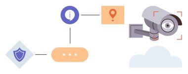 Güvenlik kamerası bilgi, güvenlik kalkanı ve konum için ikonlara bağlandı. Güvenlik, izleme, izleme, teknoloji, veri izleme gizliliği ve güvenlik teması için ideal. Basit düz