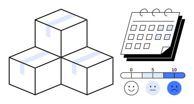 Üç tane istiflenmiş karton kutu, işaretli tarihli takvim ve mutlu yüzlerden üzgün yüzlere bir puan. Lojistik, nakliye, teslimat planlaması, müşteri memnuniyeti, zaman yönetimi için ideal