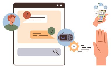 Kullanıcı, soru, sohbet robotu ve cevap arayüzü. El hareketi, akıllı telefon ve önemli yenilikler. Yapay zeka için ideal, otomasyon teknolojisi çevrimiçi servis sohbet robotu geliştirme