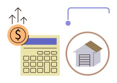 Yükselen madeni para sembolü ve akış şemasına bağlı ev simgesi olan hesap makinesi. Finans, bütçe, ekonomik büyüme, gayrimenkul, yatırım, mortgage, tasarruf için ideal. Basit düz metafor