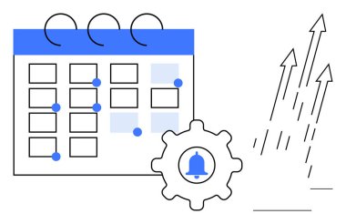 Noktalarla işaretlenmiş takvim, yükselen oklarla çevrili çan bildirimi içeren teçhizat. Zaman yönetimi, programlama, hatırlatıcılar, planlama, verimlilik artışı için ideal. Basit düz