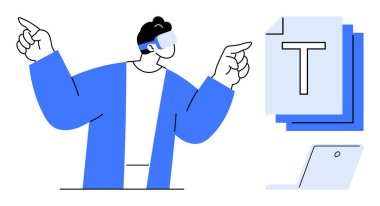 Sanal metin belgesi görüntülerine işaret eden VR kulaklık takan kişi, yakınlarda bir dizüstü bilgisayar. Teknoloji, yenilik, uzak çalışma, sanal gerçeklik, dijital dönüşüm, modern çalışma alanı için ideal