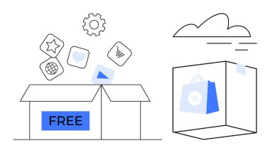 Ücretsiz etiketli kutuyu aç uygulama simgeleri, dişliler, bir küp içinde yüzen alışveriş torbası. Teknoloji, pazarlama, dijital hizmetler, e-ticaret, yenilikçilik çevrimiçi alışveriş için idealdir. Basit.