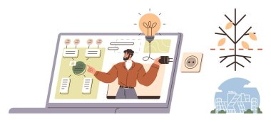 Hoparlör, bir dizüstü bilgisayardaki sanal sunumla enerji tasarrufu tavsiyeleri veriyor. Arka plan enerji, büyüme ve yenilik temalarını gösteriyor. Sürdürülebilirlik, çevrimiçi öğrenme, eko-yenilik için ideal