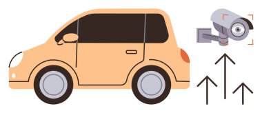 Güvenlik kamerasının yanındaki kompakt araba ve yukarı doğru giden oklar izleme, izleme ve navigasyonu gösteriyor. Güvenlik, trafik sistemi, teknoloji, navigasyon, izleme ve ulaşım için ideal