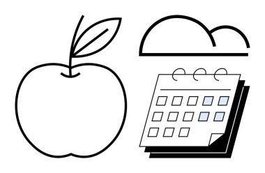 Yapraklı elma, işaretli tarihli takvim ve bulut çizgisi sanatı. Sağlık, zaman yönetimi, diyet planlaması, sağlık takibi, fitness hedefleri üretkenlik ve sürdürülebilir yaşam için idealdir. Basit düz