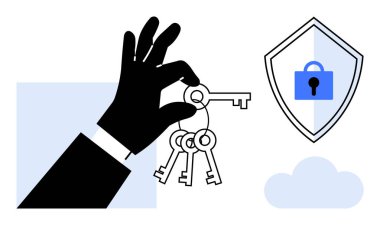 Siber güvenlik ve veri korumasını temsil eden asma kilitli bir kalkanın yanında birkaç anahtar tutuyor. Temalar için ideal şifreleme, dijital güvenlik, şifre koruması, erişim kontrolü, çevrimiçi